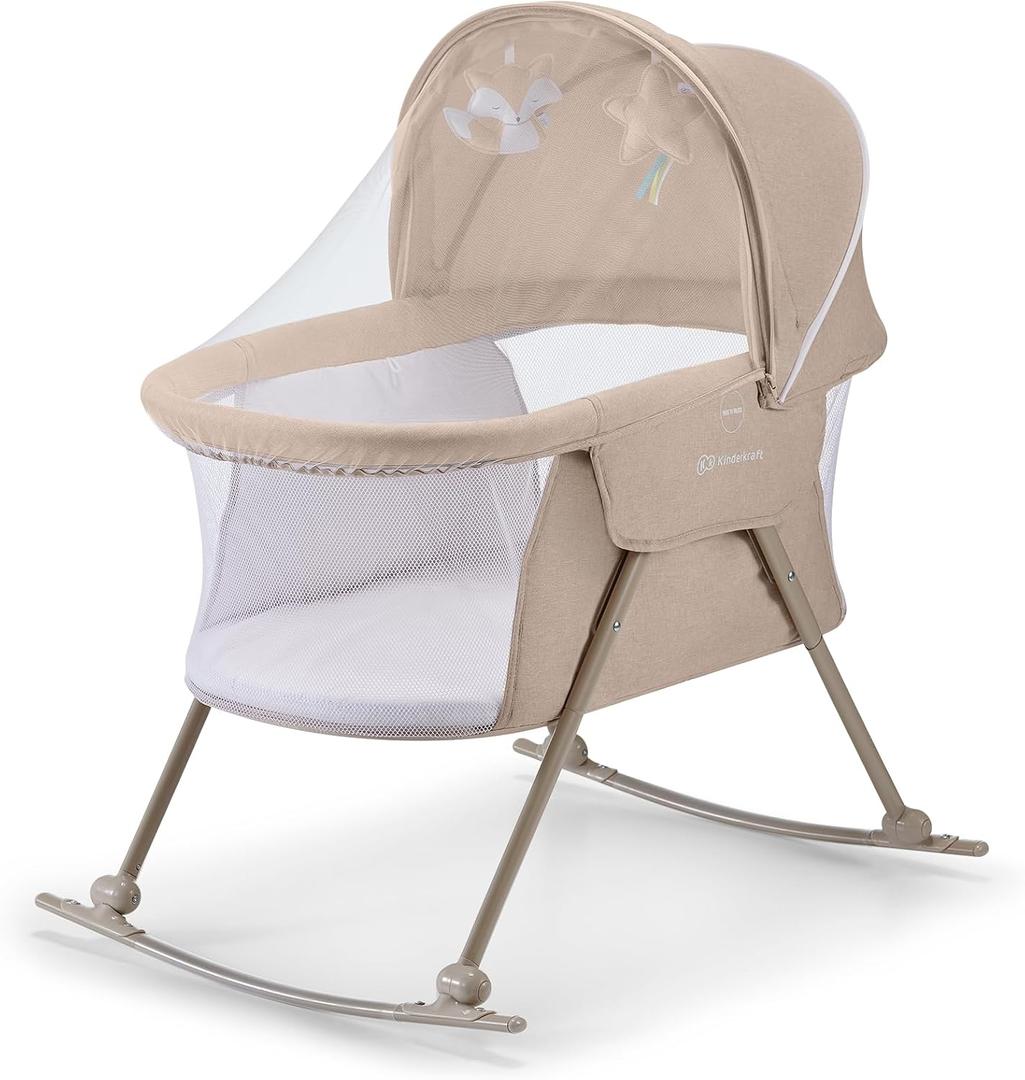Kinderkraft LOVI Travel Bassinet for Baby, Portable Folding Baby Bed with Built-in Mosquito net, Adjustable Hood and an Additional Cradle Function, Beige, Crib