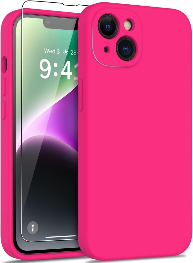 DEENAKIN Compatible with iPhone 14 Plus Case with Screen Protector,Enhanced Camera Cover,16ft Drop Tested Soft Silicone Gel Rubber,Slim Fit Protective Phone Case 6.7" Hot Pink