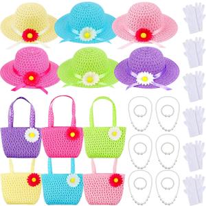 Zhanmai 6 Sets Girls Tea Party Dress Play Set Includes 6 Daisy Tea Party Hats, 6 Straw Purse, 6 Pairs Gloves, 6 Pearl Necklace Bracelet Set for Girls Princess Tea Birthday Supplies