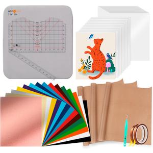 HTVRONT Heat Press Accessories - 55 Pack Supplies for 15x15 Machine, T-Shirt Heat Press Starter Kit with Vinyl & Sublimation Bundle, Tools & Mat
