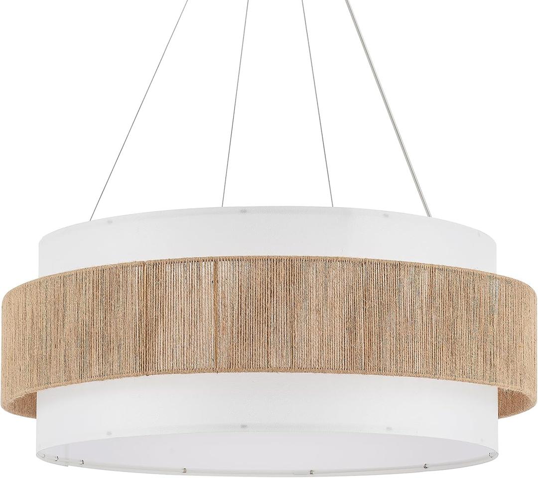 30 Fabric Rattan Chandelier Boho Hand Woven Coastal Pendant Light Adjustable Drum Large Pendant Lighting Fixtures for Dining Room Living Room Kitchen Hallway, Off-White, UL Listed