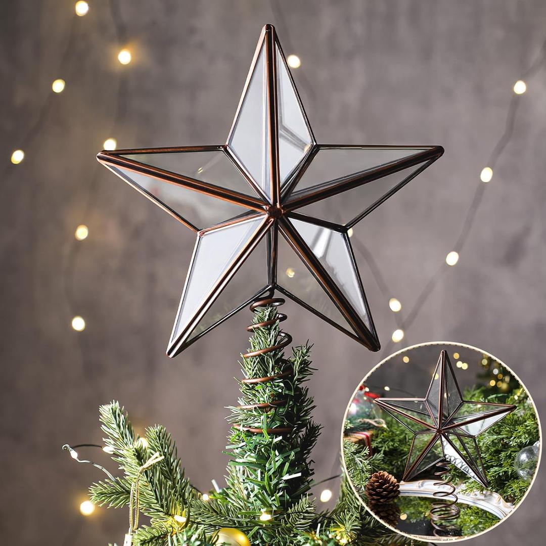 Gejoy 9.8 Inch Glass Star Christmas Tree Topper, Farmhouse Treetop Ornament, Rustic Holiday Xmas Christmas Tree Decorations for Home(Silver, Glass Star)