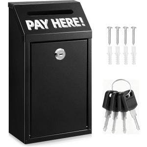Metal Donation Box with Lock Wall Mounted Cash Money Box with Slot for Cash Deposit, Hualleko Money Drop with Lock and Slot for Home/Office/Outdoors 10.2 x 5.6 x 2.9 Inch(Black)