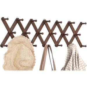 Accordion Wall Hanger, Hat Rack for Wall with 20 Coat Hooks, Expandable Hat Hangers Organizer, Vintage Decorative Coat Rack Wall Mount for Purse, Mug (Brown)