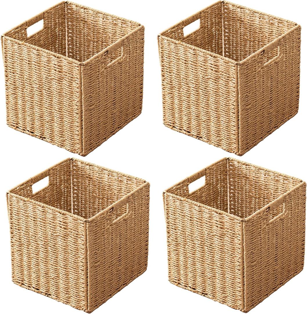 13x13x13 Storage Cube Bins Set of 4, Paper Rope Hand Woven Storage Basket with Handles, Collapsible Square Storage Cubes for Shelves, Wicker Shelf Baskets for Living Room Bedroom Organizing, Natural
