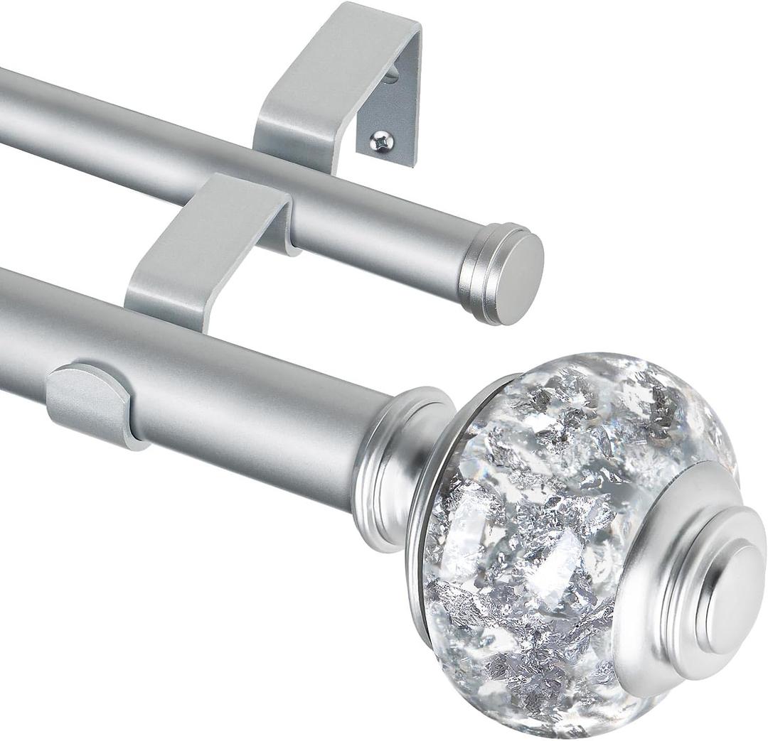 1 Inch Double Curtain Rods 72 to 144 Inches (6 to 12 ft), USFOOK Silver Drapery Rods for Windows, Telescoping Dual Curtain Rod with Translucent Finials, Decoration for Home (72-144", Silver)