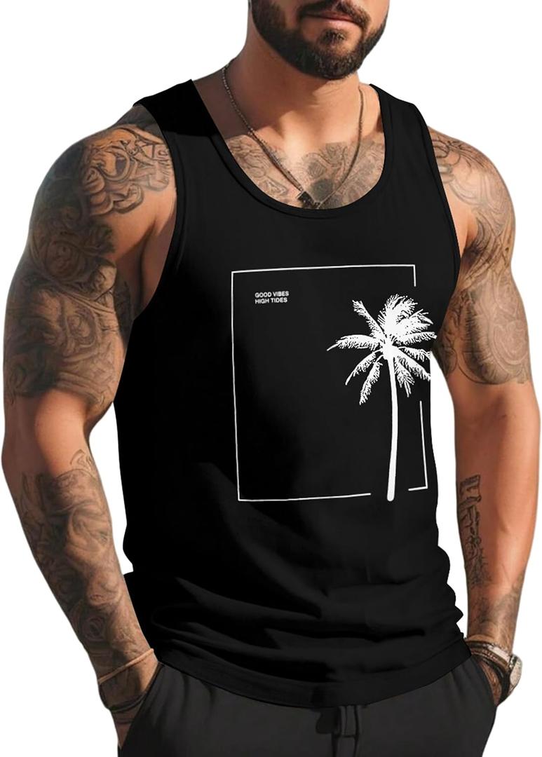 Mens Tank Tops Summer Beach Vacation Sleeveless Shirts Casual Palm Graphic Muscle Gym Workout Tank Top (Large, Black Plam Tree)