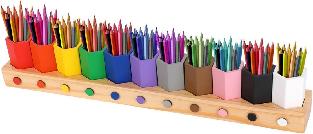 Wooden Multi-Colored Pencil Holder, Movable Montessori Crayon Organizer Pen Holder Pencil Cups Desk Storage Organizer for Kids Classroom Office Home Desk School Supply