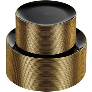 KIRE 100PCS Black and Gold Plates - Black Plastic Plates Disposable with Gold Rim for Halloween Party/Wedding/Birthday Include 50Pcs 10.25inch for Dinner and 50Pcs 7.5inch for Dessert/Salad