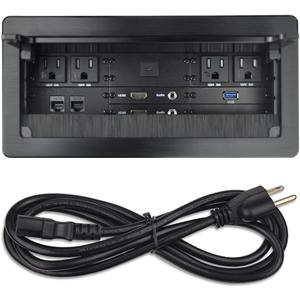Tabletop Multimedia Connectivity Box with 4 AC Power+2 HDMI+2 RJ45+1 USB3.0 Port +1 USB-C +2 Audio with 5.58ft Power Cord for Conference Room Office Desk(Black)