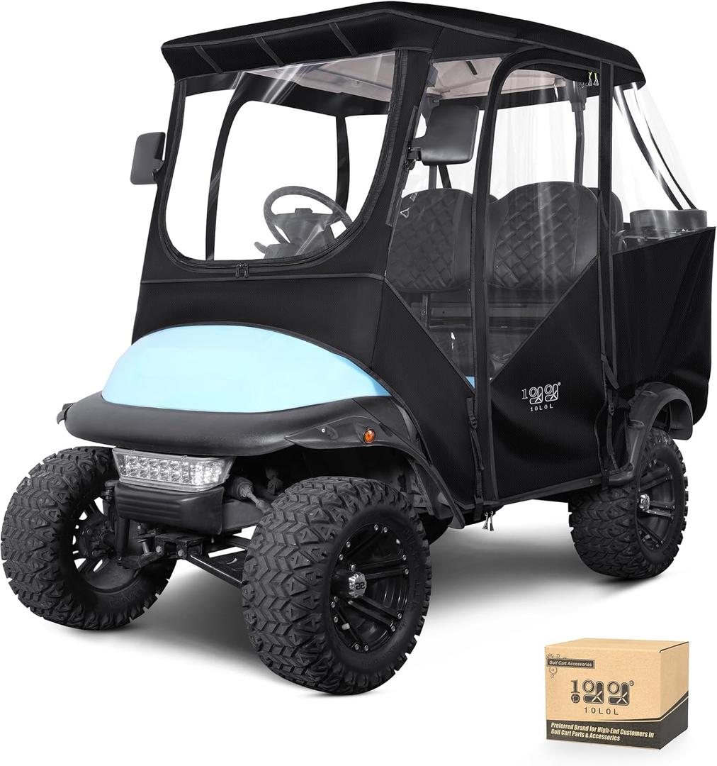 4 Passenger Golf Cart Enclosure, Storage Cover Fits for Club Car Precedent 2+2, Windproof 600D Waterproof Portable 4-Sided Clear Window & Roll-up Zipper Door (Black/Transparent)