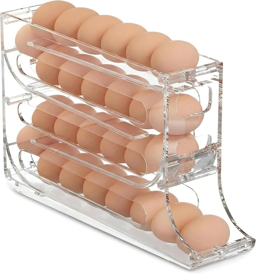 Refrigerator Egg Trays,Automatic Rolling Egg Holder Organizer for Refrigerator Slide Design Egg Dispenser, Food Grade Material, Large Capacity Storage 32 Count (Clear)