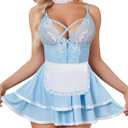 Avidlove Sexy Maid Lingerie for Women Halloween Costume French Maid Outfit Lingeries Sets(Light Blue, L)