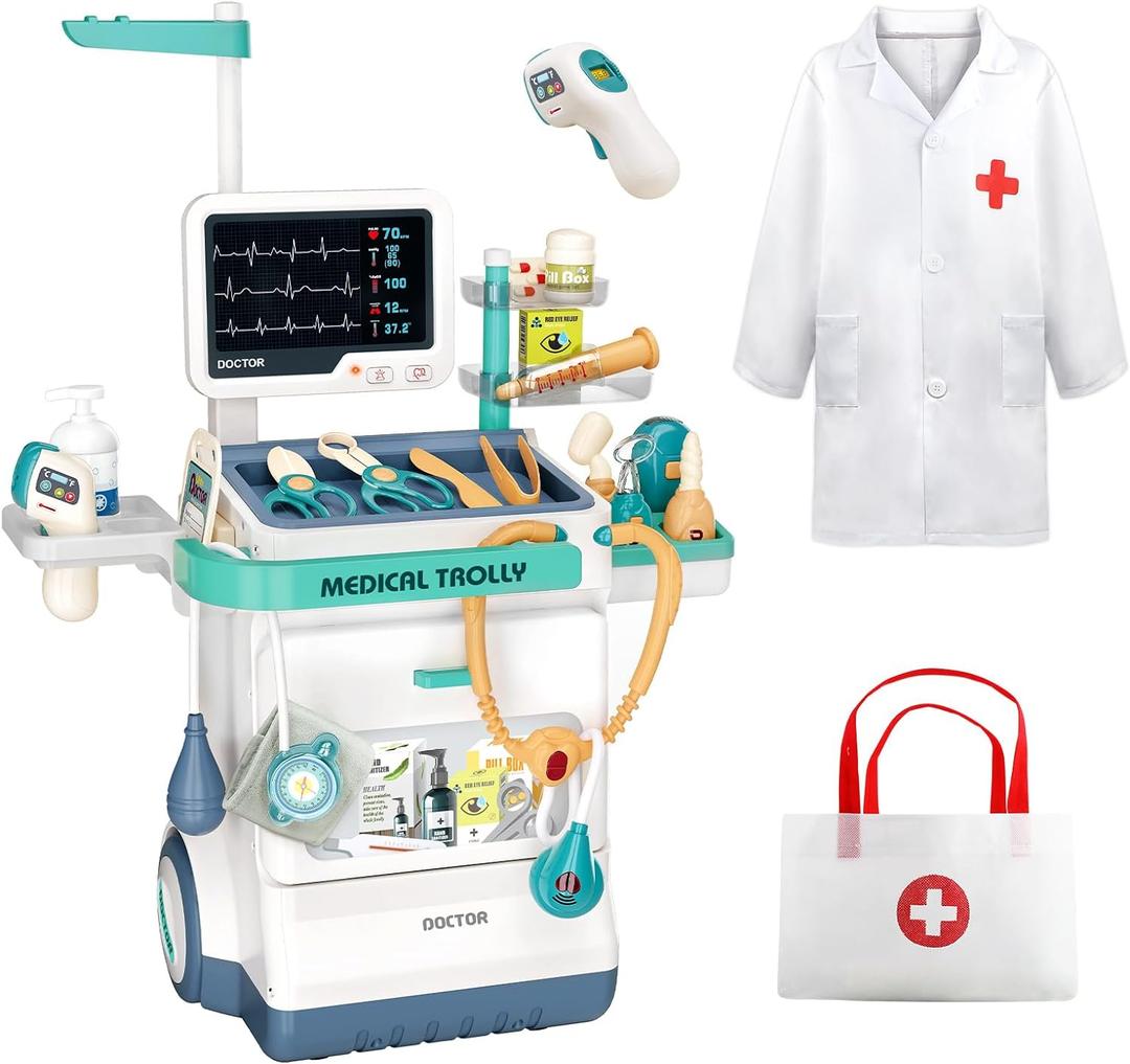Doctor Kit for Kids, Pretend Medical Station Set for Boys & Girls,Pretend Medical Kit Toy, Mobile Cart with Sound and Light Functions, Kids Doctor Kit for Toddlers 3-5 Birthday Gift
