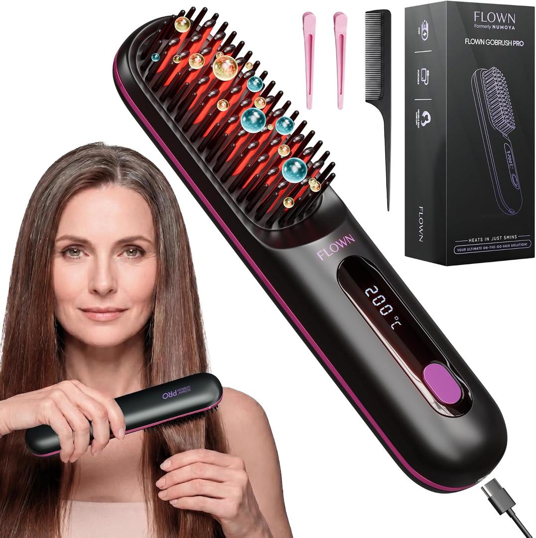 FLOWN Original Go Brush PRO [Five Minutes Hair Styling Routine] - No Damage Heat Brush with USB-C Charger - Electric Travel Pocket Brush for All Hair Types - Black (Formerly Numoya)