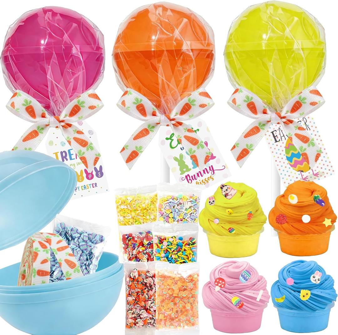 8 Pack Easter Party Favors Supplies - Lollipop Shaped Slime with Cards, Accessories -Soft Butter Slime Easter Basket Stuffers for Boys Girls