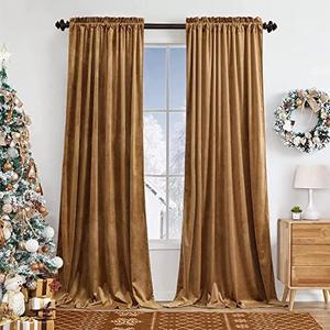 Camel Velvet Curtains for Bedroom Window, Super Soft Luxury Drapes, Room Darkening Thermal Insulated Rod Pocket Curtain for Living Room, 2 Panels