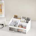 COMFYROOM Desk Organizer with 6 Compartments and 2 Drawers, Plastic Makeup Organizer, Pen Holder for Desktop Storage, Desk Organization for School, Home, Office Supplies (White)