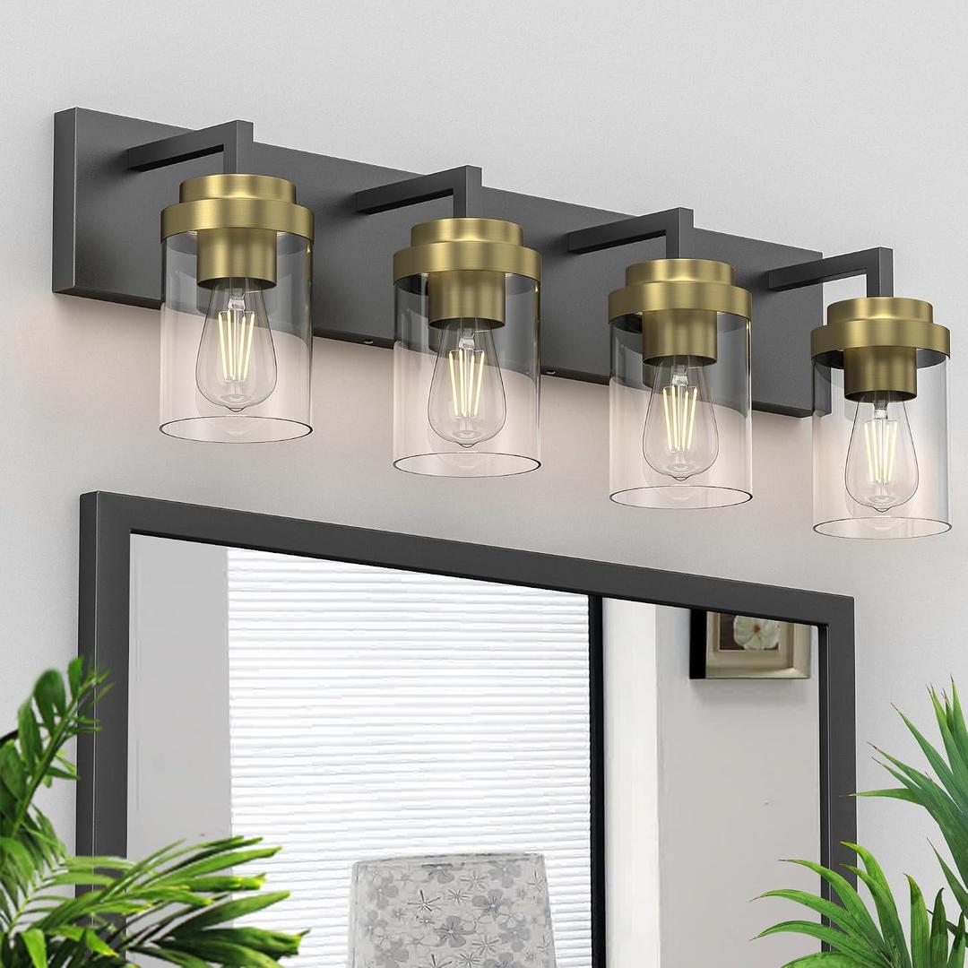 Bathroom Lighting Fixtures, 4-Light Bathroom Vanity Lights Over Mirror, Black and Gold Vanity Light with Glass Shade, Modern Vanity Lighting Fixtures for Bathroom, Bedroom, Hallway