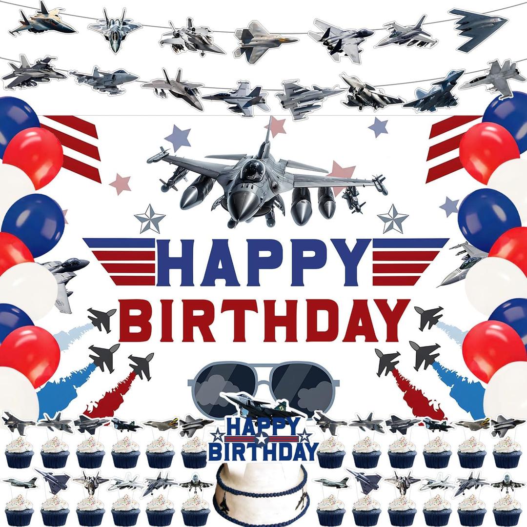 59 Pcs Fighter Jet Birthday Party Supplies, Air Force Themed Party Decoration Aircraft Airplane Backdrop Balloons Cake Cupcake Topper for Fighter Pilot Themed Birthday Party Decor