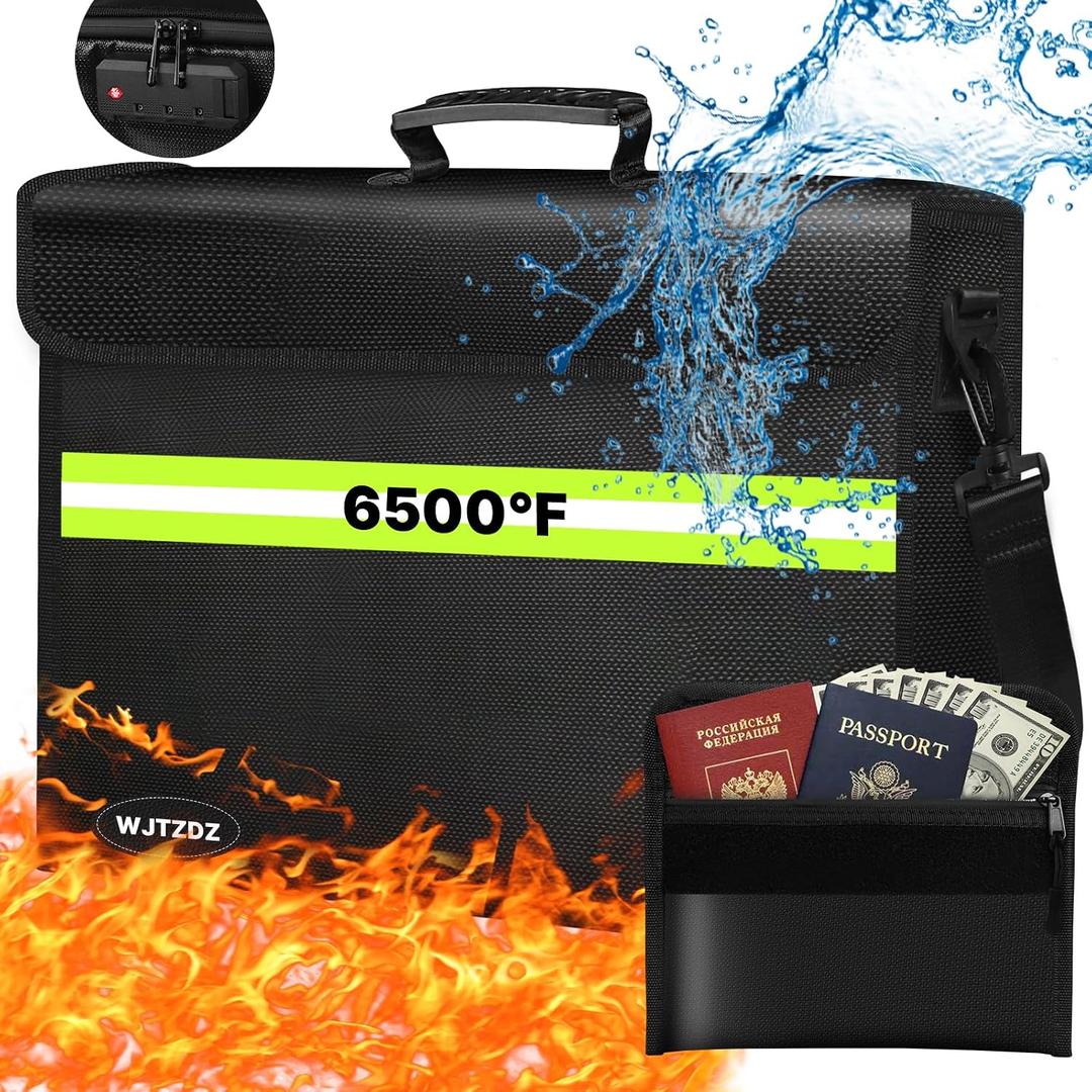 6500°F Large Fireproof and Waterproof Document Bag with Lock,10 Layers Insulation Materials&Waterproof Zipper,Removable Folder Layers/Wallet,Reflective Strip for Valuables, Black