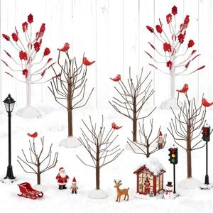 Warmtree 8 Pcs Christmas Village Trees, Christmas Village Accessories Miniature Tree with Cardinal Figurine for Holiday Home Garden Office Festival Decor