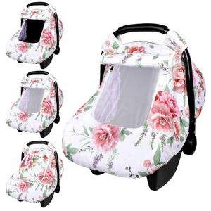 Baby Carseat Cover Girls, Pea Pod Floral Infant Car Seat Covers Canopy for Newborn with 2 Layers Windows of Breathable Mesh/Fabric, Lightweight Polyester/Minky Dot Backing, Snug Fit Most Baby Car Seat (Pink)