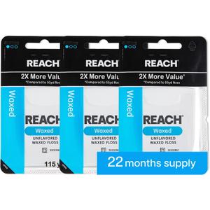 REACH Waxed Dental Floss, 2X More Value, Plaque Remover for Teeth, Shred Resistant, Floss Slides Smoothly, Easy to Use, Waxed, for Adults & Kids, Oral Care, PFAS Free, 3 Pack, 115 yd, Unflavored
