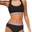 Girls Swimsuit 2 Piece Color Block Halterneck Bikini Sets with Adjustable Straps High Waist Girls Bathing Suits, 15-16Y