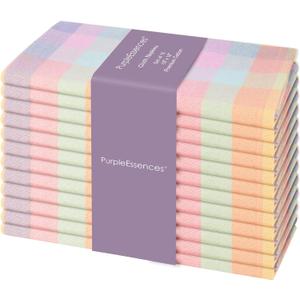 PurpleEssences Buffalo Plaid Cloth Napkins - Mitered Corners - Spring Easter Summer - Gingham Check Dinner Napkin - Set of 12-100% Cotton - 18x18 Inch - Reusable Washable - Multicolor