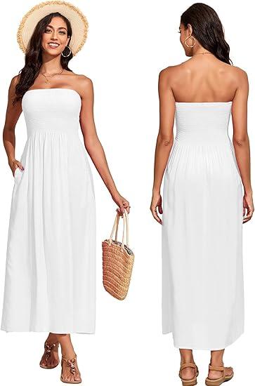Capuffy Women's Strapless Boho Beach Dress Sleeveless Tube 2025 Summer A Line Sundress with Pockets Flowy Swing Maxi Dress 33 XL White