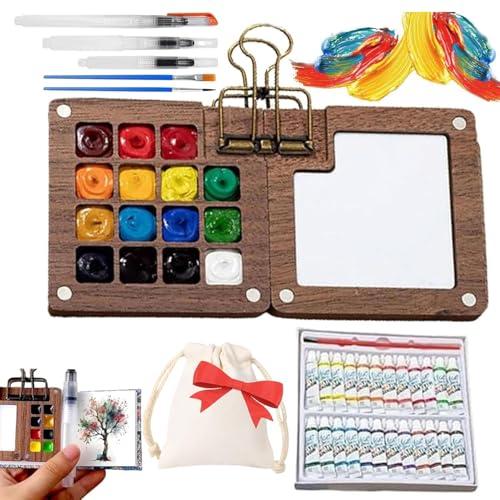 Watercolor Kit, New Mini Watercolor Paint Set, Pocket Watercolor Set with Paint, Brush, bag, Sketchbook & Copper Clip, Travel Kit for Beginners, Artists & Painting Enthusiasts(Walnut -15 Grids)