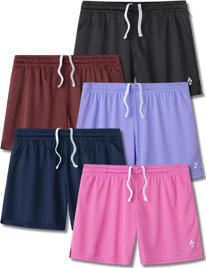 5-Pack Women's Athletic Shorts Mesh Basketball, Ladies Active Loose Pull-On Shorts with Zipper Pockets, 5" Inseam (X-Large, Pink/Navy/Black/Maroon/Lavender)
