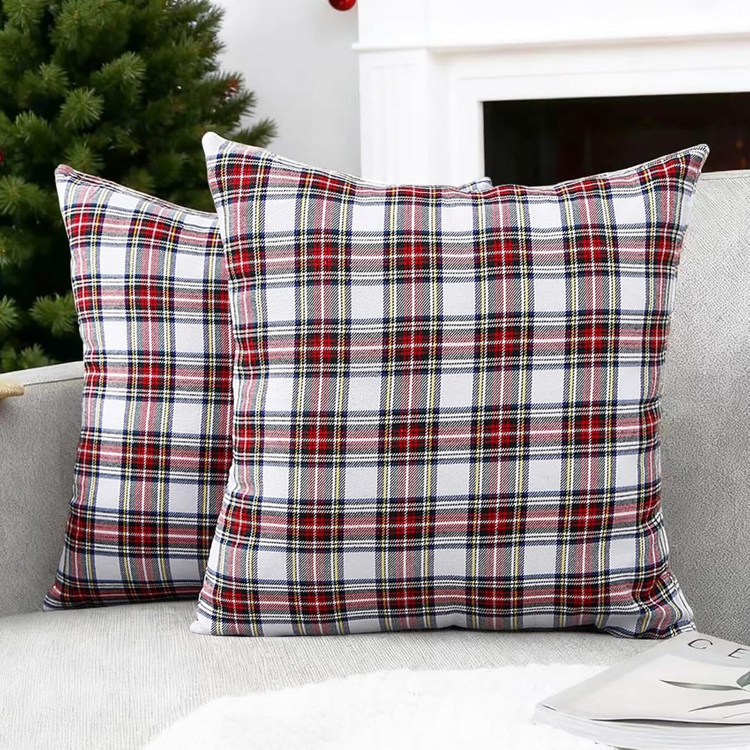 CARRIE HOME Christmas White Tartan Plaid Pillow Covers 22x22 Set of 2 White Farmhouse Christmas Plaid Decor Pillows 22 x 22 for Couch and Sofa (No Inserts)