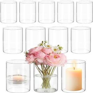 12 Pack Glass Cylinder Vases for Centerpieces 4 Inch Tall Clear Bulk Flower Vase Hurricane Floating Candle Holder for Table Home Decoration Wedding Holiday Floral Shelf Party Dining Decor