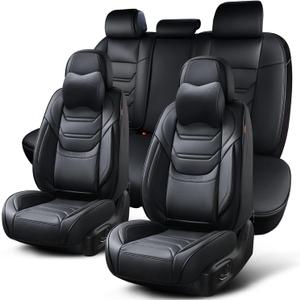Black Car Seat Covers Full Set, Breathable Leather Automotive Front and Rear Seat Covers with Headrest, Waterproof Auto Seat Protectors Fit for Most Sedans SUV Pick-up Truck