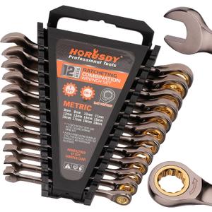 HORUSDY 12-Piece Metric Ratcheting Wrench Set | 8-19 mm | Ratchet Combination Wrenches Set with Organizer | 72-Teeth | Chrome Vanadium Steel