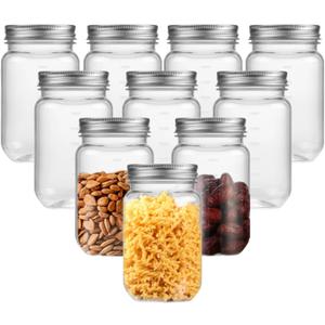 Clear Mason Jars 16 Ounce Plastic Storage Containers With Lids 10 Pack Plastic Jars,BPA FreeSliver
