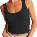 Artfish Women's Scoop Neck Sleeveless Knit Ribbed Fitted Casual Crop Tank Top (Black, S)