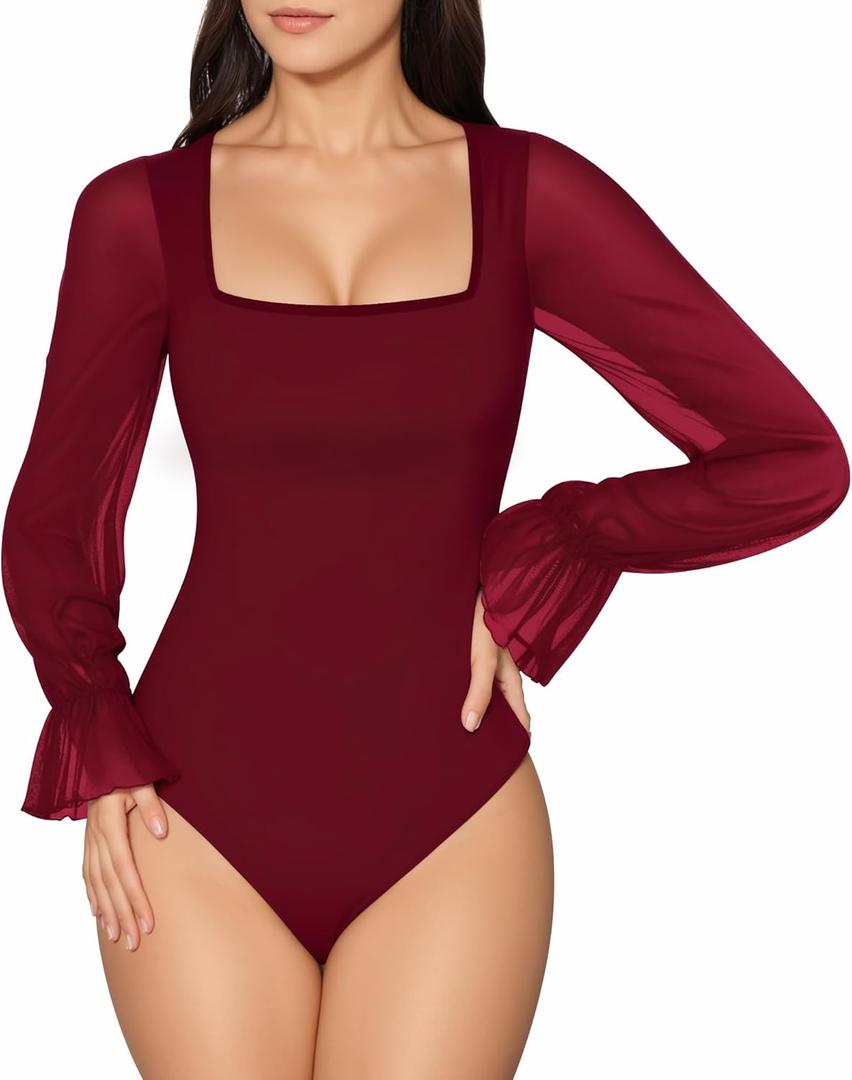MANGOPOP Square Neck Long Sleeve Short Sleeve Bodysuit for Women Mesh Ruffle Sleeves Going Out Tops (Small)