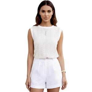 Women Eyelet Tank Tops Floral Casual Round Neck Sleeveless Summer Tops Trendy Basic Cute Plain Tanktops, S