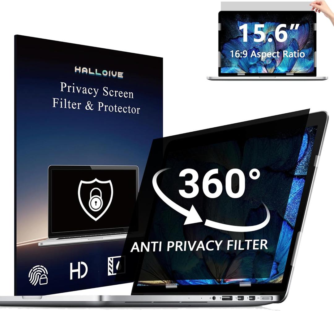 4-Way Laptop Privacy Screen Shield 15.6 Inch, Removable 16:9 Aspect 360 Privacy Filter Screen Protector for 15.6 Inch Laptop Computer, Anti Glare Blue Light Slide Mount Tabs Cover for Generic Laptop