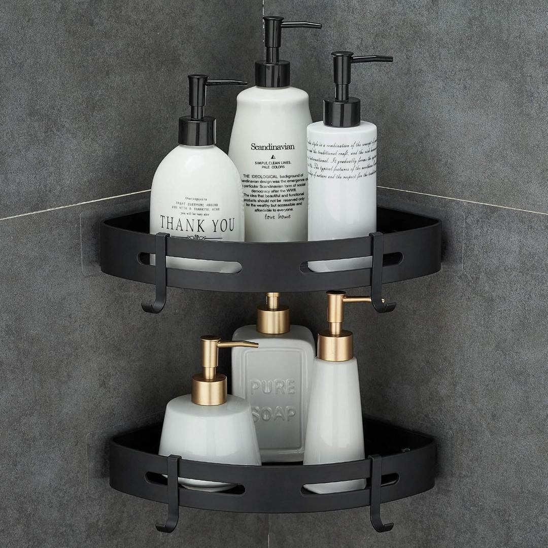 Hoomtaook Adhesive Corner Shelf Bathroom Shower Caddy Organizer for Kitchen Toilet No Drilling 2-Tier Bathroom Corner Shelves Shower Caddies (Black)