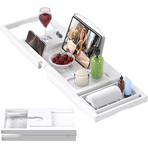 Foldable Bathtub Caddy Tray for Tub, Bamboo Expandable Bath Table Trays, Premium Bathroom Accessories for New Home & Mother's Day & Birthday Gifts for Couples, White