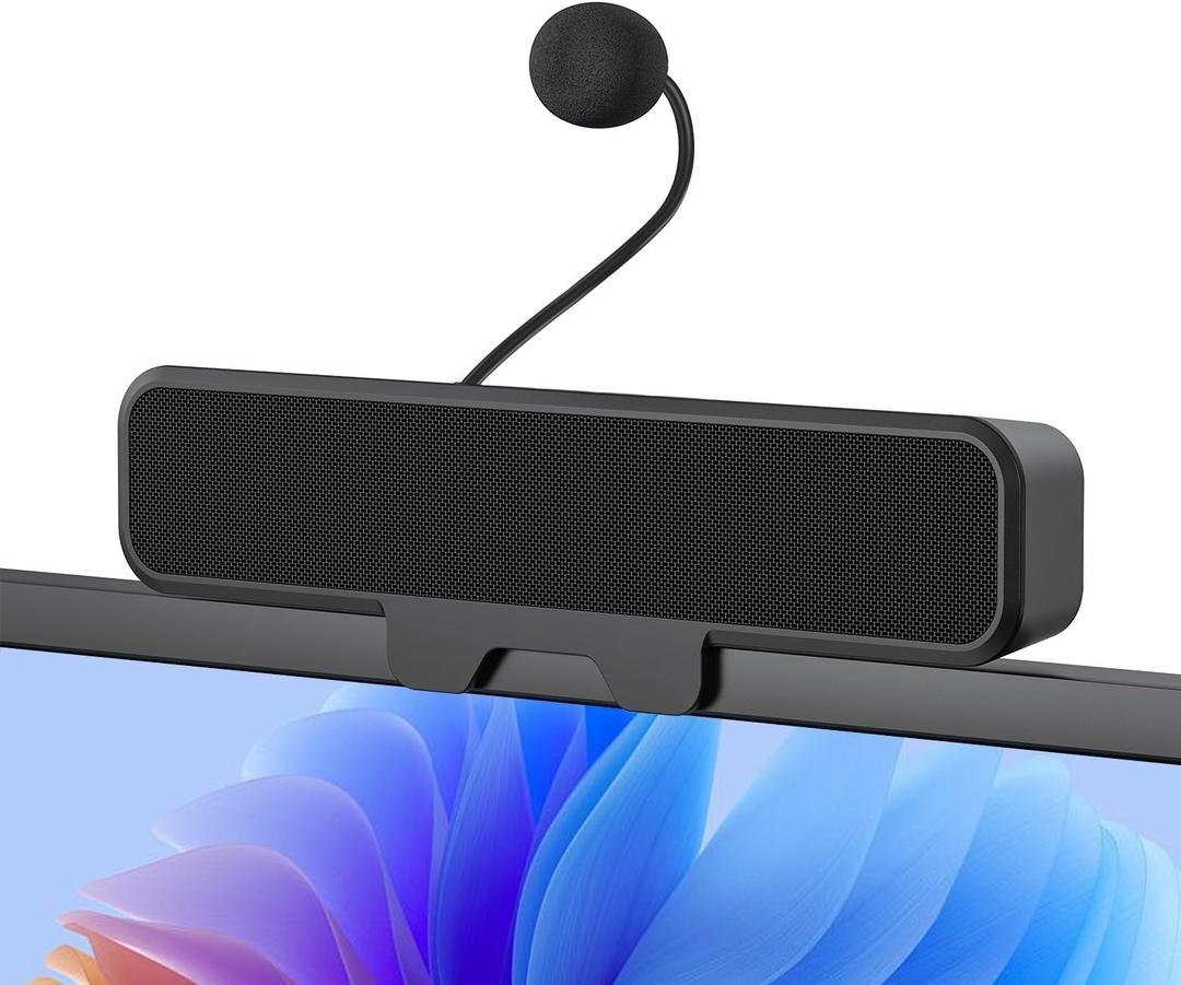 INGA Computer Speakers with Detachable Mic, Plug and Play Desktop Speakers, One-Touch Mute Microphone, Stereo & Bass, Easily Clamps to Monitor, Compatible with PC, MAC, Laptop