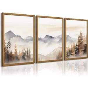 Neutral Mountain Wall Art Decor Set of 3 Forest Canvas Wall Art Poster Landscape Wall Art Artwork Modern Pictures Abstract Painting Watercolor Prints for Living Room Bedroom 12x16 Inch Framed