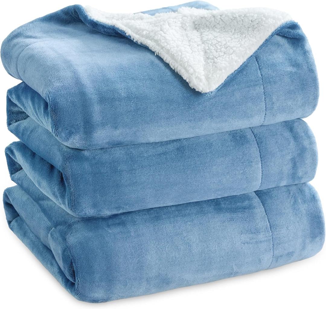 Bedsure GentleSoft Sherpa Fleece Blankets Queen Size for Bed - Thick and Warm Throw for Women and Men, Soft Fuzzy Plush Queen Blanket for Winter, Non-Heated, Washed Blue, 90x90 Inches