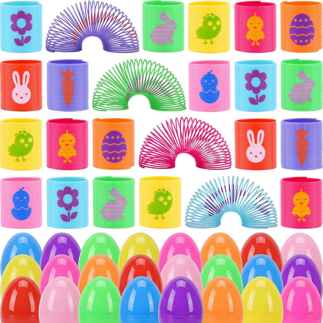 24 Pcs Easter Mini Coil Springs Toys Magic Spring Toys with 24 Pcs Plastic Easter Eggs for Kids Boys Girls Easter Basket Stuffers Easter Egg Hunt Party Favor Gifts