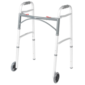 Drive Medical Two-Button Folding Walker with Wheels, Height Adjustable