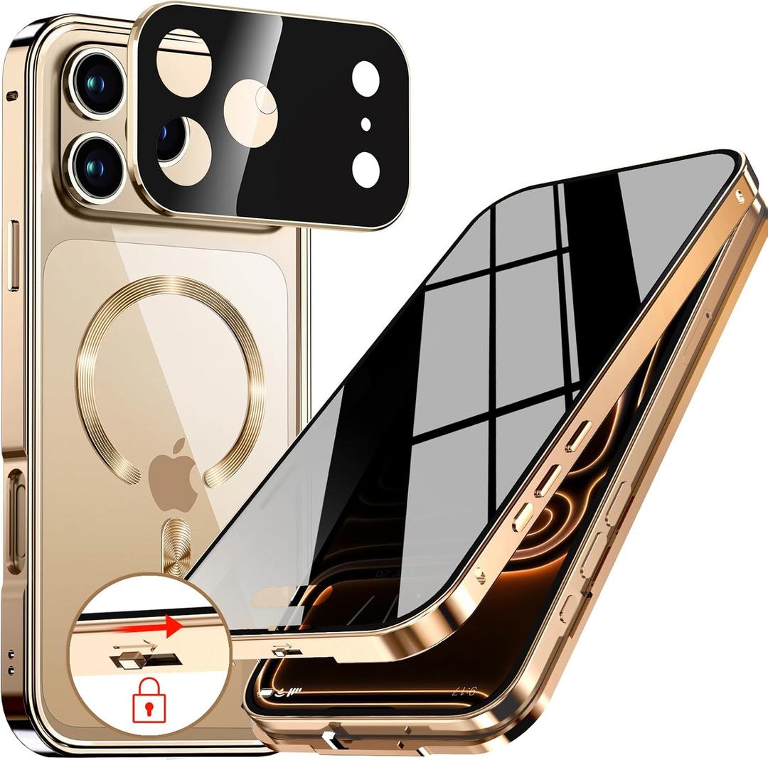 [CD Metal Ring & Automatic Pop-up Lock Magnetic Privacy Case for iPhone 17 Pro Max [Compatible with MagSafe] [Integrated Lens Protection] Full Body Bumper Cover with Built-in 9H Glass-Gold